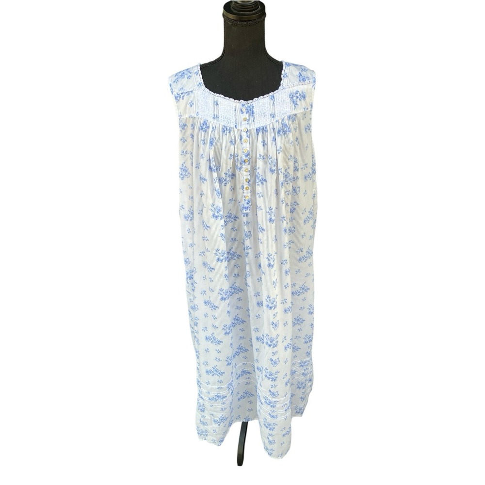 Eileen West Nightgown Blue Floral Sleeveless Smocked Cottagecore Lace Trim XL